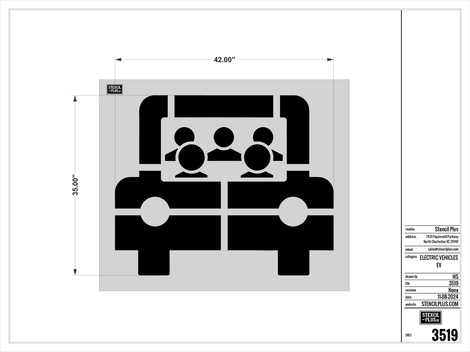 EV#15 Electric Vehicle- 35" Car with Passengers Parking Lot Pavement Marking Stencil