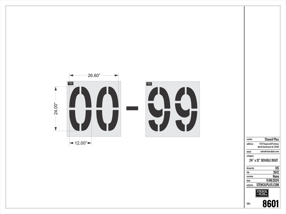 24" x 12" 00-99 Double Digit Kit- Pavement Marking Stencil